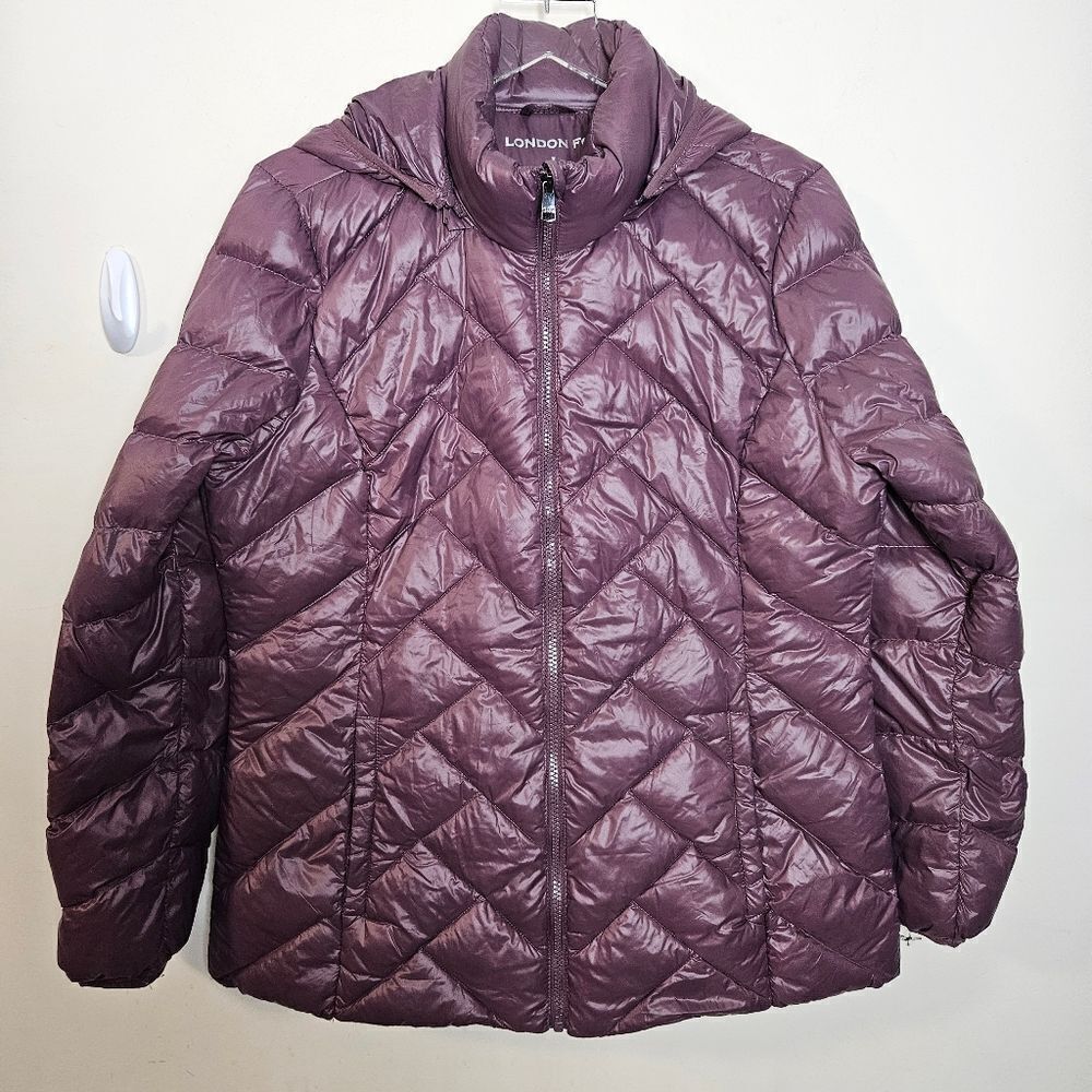 London Fog Womens Lightweight Packable  Down Hooded Jacket Purple Eggplant Large
